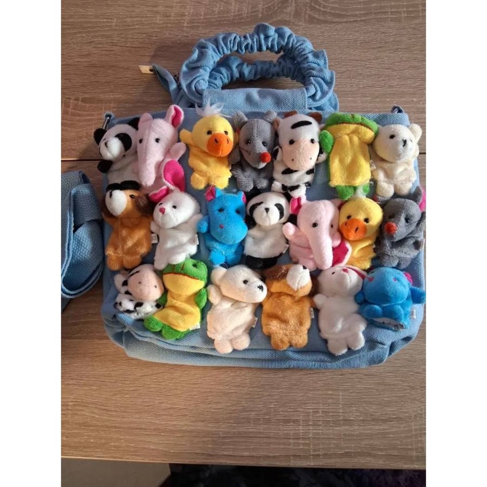 Plush Animal Finger Puppet‎ Canvas Tote Bag Light Blue Crossbody